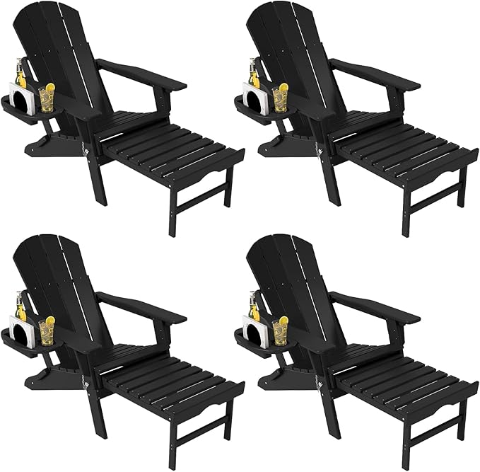 Adjustable Adirondack Chair with Retractable Ottoman Set of 4, HDPE Folding Adirondack Chair with Cup Holder, All Weather Fire Pit Chair for Outdoor,Black