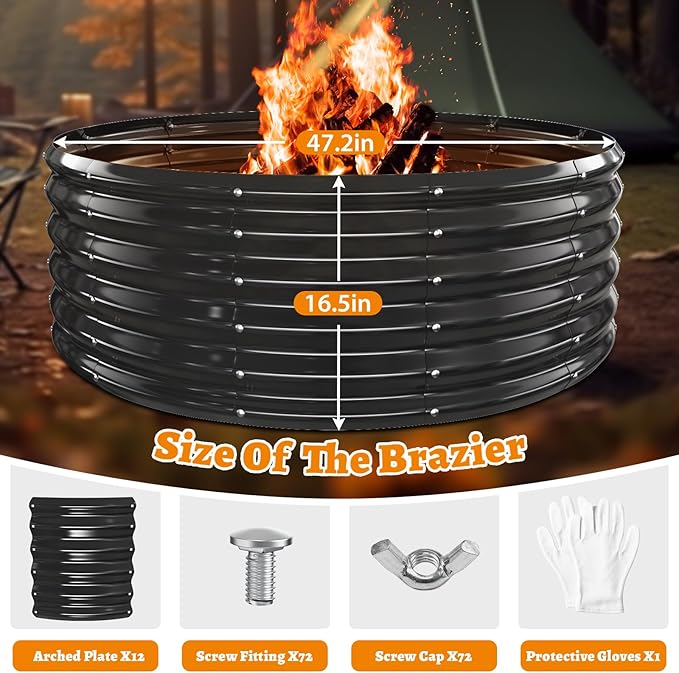 Metal Fire Pit Ring/Bonfire Fire Ring- 48 Inches Diameter, 0.7 MM Thick,1.5 ft High, Durable and Stylish for Outdoor Fire Pits,Patios and Camping (Black, 4X4X1.5 ft)