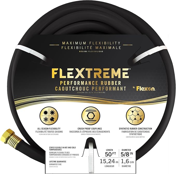 Flexon Flextreme 5/8" x 50ft Black Synthetic Performance Rubber Garden Hose – Lightweight, All-Weather Flexibility, Heavy-Duty, Kink-Resistant, Solid Brass Couplings, Watering Hose for Lawn & Garden