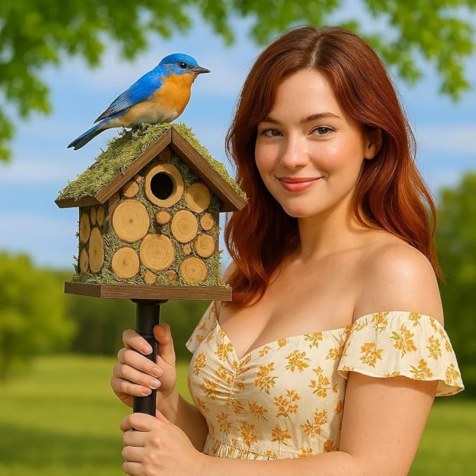 Spring Wren Bird House for Outside - Hard Wood Bird HouseNest Box for Outdoor - Moss Bird House with Cedar Rings- Gifts for Nature Lovers - Pole Mountable Bird House - 1.125" Entrance