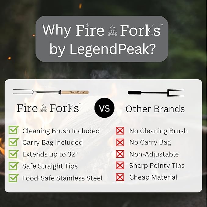 Fire Forks by LegendPeak - Marshmallow Roasting Sticks | 32” Extendable Skewers w/Color-Coded Handles, Safe Flat Tips, Cleaning Brush & Travel Bag for Campfire, Fire Pit, BBQ, S’mores (10 Pack)