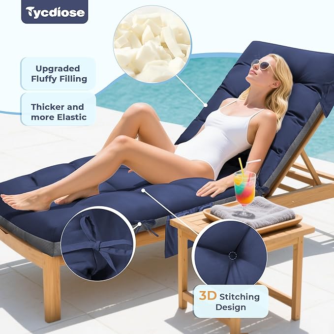 Outdoor Lounge Chair Cushion, Waterproof Chaise Lounge Cushions Replacement for Outdoor Furniture Thickened 71 x 22 x 4.7 Inches Non-Slip Patio Pool Lounge Chair Cushions with Ties (Blue)