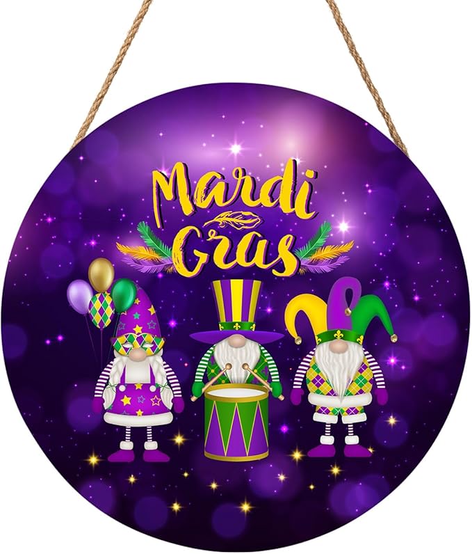 Happy Mardi Gras Door Sign For Front Door Decor,Purple Masquerade Gnomes Wooden Sign 12"x 12" Round Wood Hanging Door Sign Carnival Party Decoration for Wall Rustic Farmhouse Decor