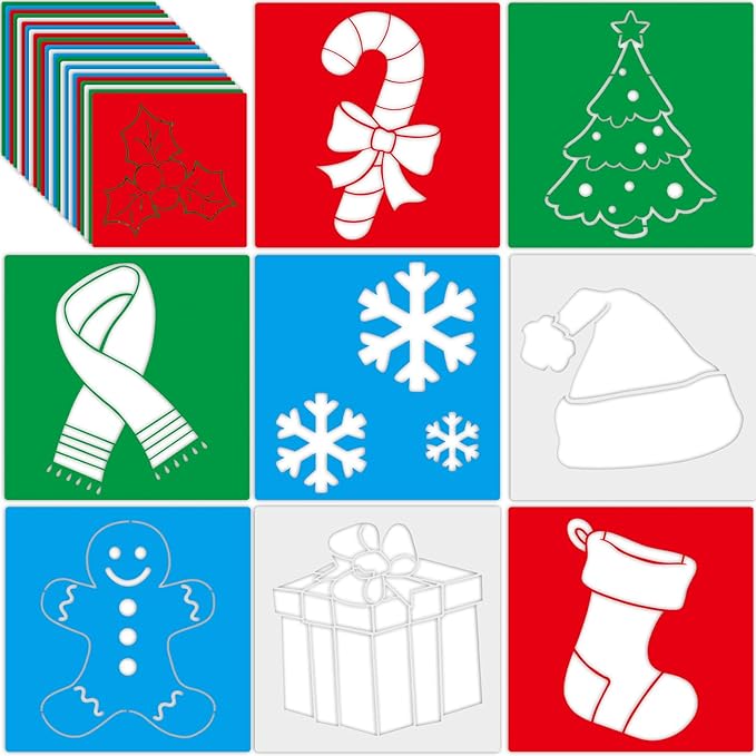 Henoyso 24 Pcs Winter Stencil Set 8 x 8 Inch Plastic Snowflake Drawing Painting Templates Assorted Stencils Reusable for Holiday Winter Themed Kids Painting on Wood Scrapbook DIY Art Crafts