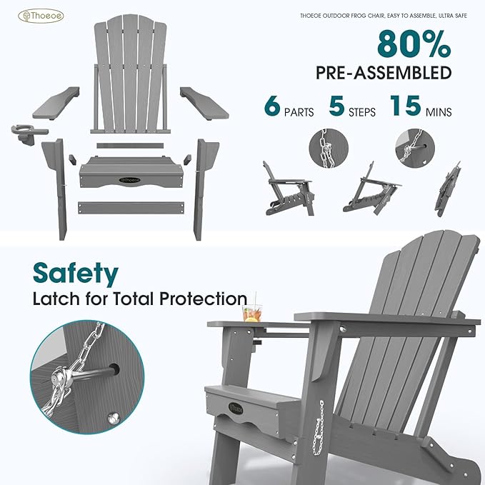 Folding Adirondack Chair Set of 2,HDPE All-Weather Outdoor Chair with Cup Holder,Wooden Textured,Fire Pit Chair,Plastic Patio Chair for Deck,Backyard,Garden,Lawn(Grey)
