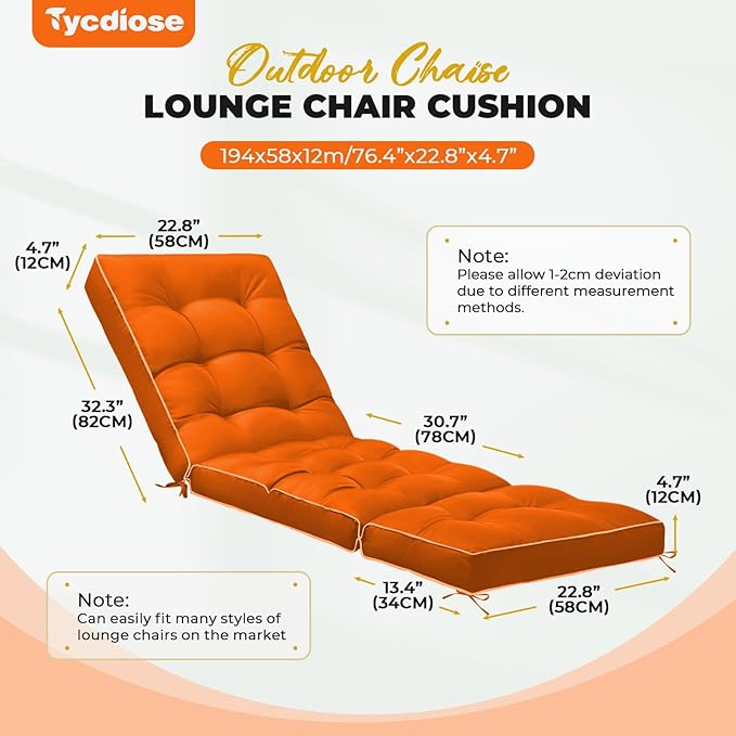 Outdoor Chaise Lounge Chair Cushion, Waterproof Non-Slip Patio Chaise Lounge Cushions for Outdoor Furniture, Thickened Patio Pool Lounger Chair Cushion, 76.4 x 22.8 x 4.7 Inches, Orange