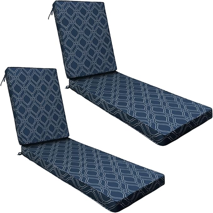 AAAAAcessories Outdoor Chaise Lounge Cushions, Fade-Resistant, Waterproof Patio Furniture Replacement Cushions, 72" x 21" x 3", Set of 2, Slate Blue Vine Trellis