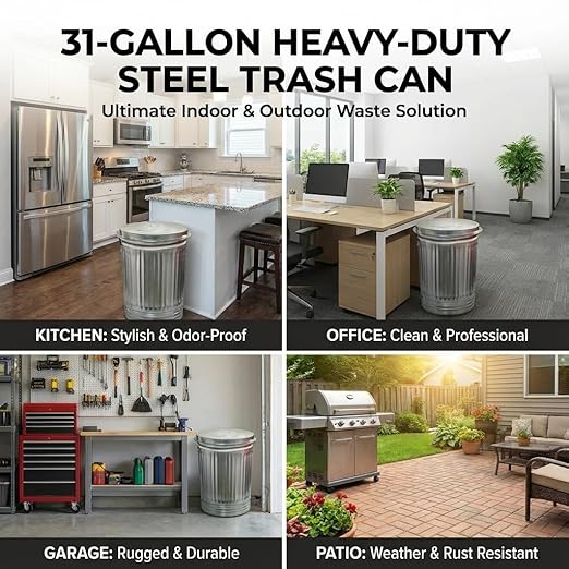 31-Gallon Heavy-Duty Steel Trash Can - Kitchen & Office - Silvery - with Airtight lid - Metal Outdoor Trash Can for Patio, Kitchen & Office
