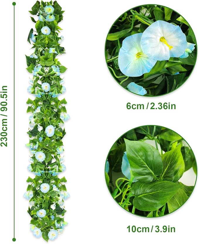 AirSun Artificial Morning Glory Flower Vines, 2pcs 15Feet Hanging Plants Silk Garland Fake Green Plant Home Garden Wall Fence Indoor Outdoor Wedding Birthday Decor
