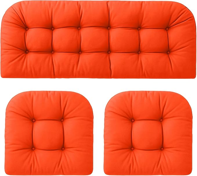 Barydat 3 Pack Wicker Furniture Cushions Waterproof Outdoor/Indoor Tufted Wicker Chair Cushions 1 Loveseat and 2 U-Shape Rattan Chairs for Patio Furniture, Rattan Love Seat, Bench (Orange)