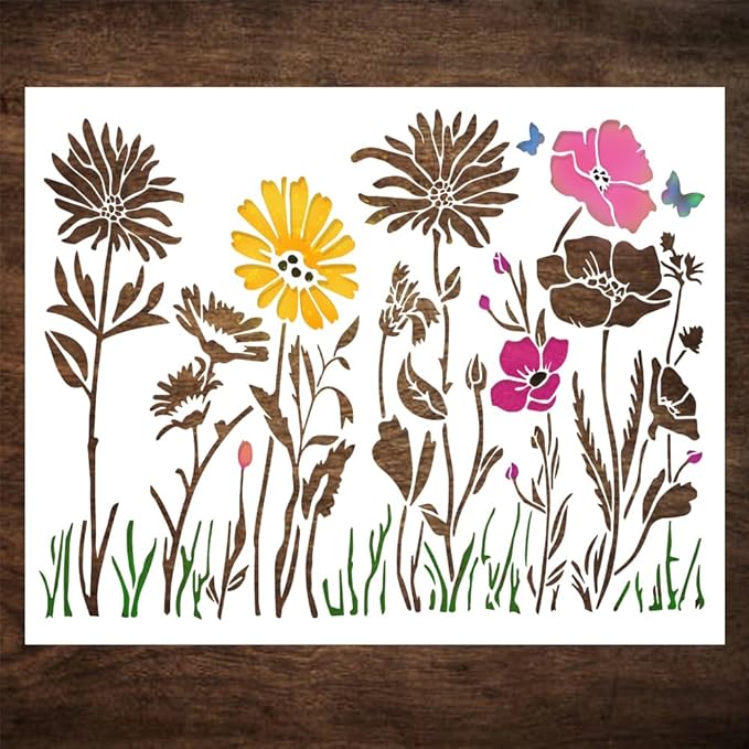 Large Wildflower Stencil for Painting (15x12 Inches) - Stencils for Crafts Reusable for Wood, Canvas, Paper & Fabric - Flower Stencils for Painting on Walls & Floors - Large Pattern Stencil