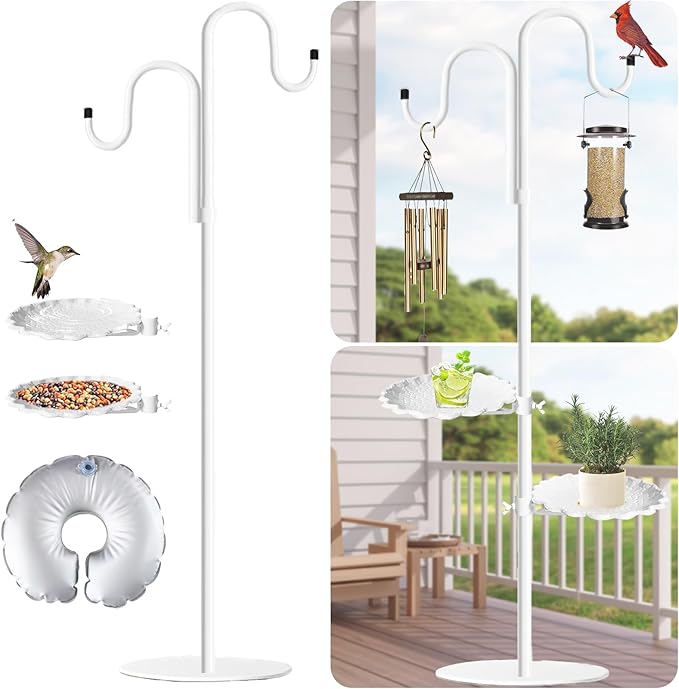 Upgraded 74" Shepherd's Hook Stand plant，Bird Feeder，White Wind Chime Hanger Stand, Waterproof Metal & Adjustable-Height Standing Pole Holder for Wreath, Indoor & Outdoor（2 Placement Racks