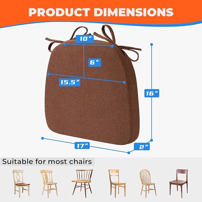 Chair Cushions for Dining Chairs, D-Shaped Seat Cushions with Removable Washable Cover and Ties, Chair Pads for Kitchen, Indoor Dining Room, Patio Chairs, 17'' x 16'', Set of 6, Brown
