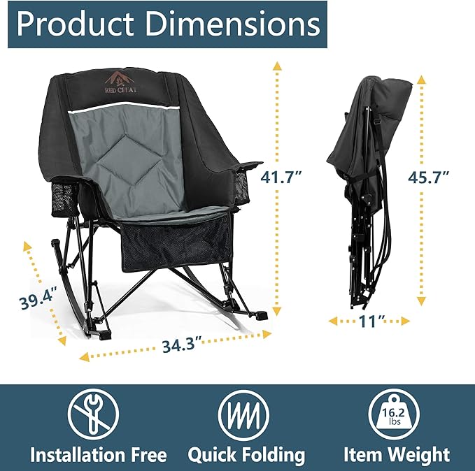 400lbs Rocking Camping Chair, Oversized Heavy Duty XL Folding Rocker for Adults, Padded High Back Big & Tall Support, with Cup Holders & Carry Bag for RV, Lawn, Patio & Sports