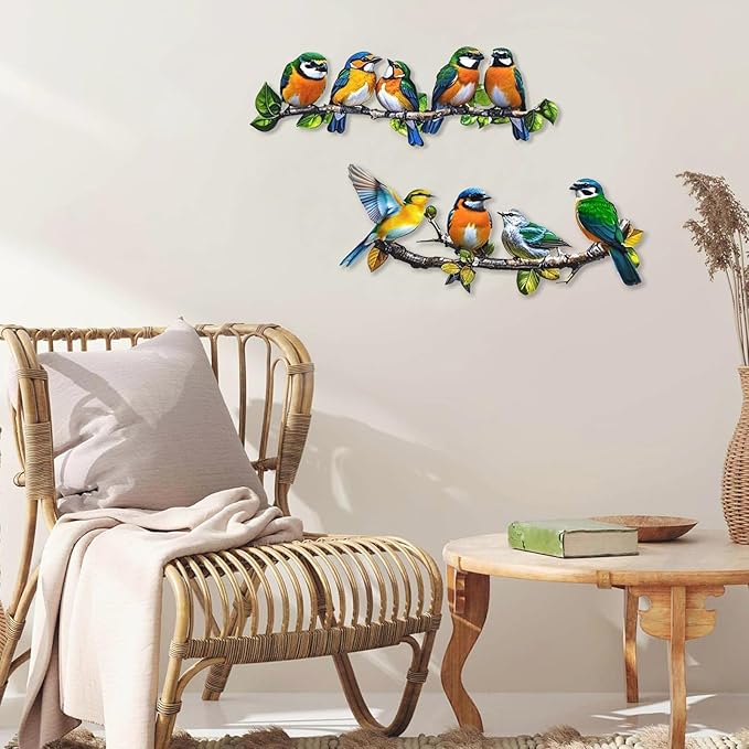 Metal Bird Outdoor Wall Art Decor - Hummingbird Wall Silhouette Art, Bird on Branch Wall Sculpture Hanging Indoor Outdoor for Your Yard, Garden and Patio (2 Pack)