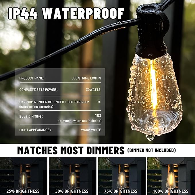 100+10FT LED Outdoor String Lights, Patio Deck Lights with 50+2 Shatterproof ST38 Edison Bulbs, Dimmable Warm White Waterproof Outside Hanging Lights Connectable for Backyard Porch Garden