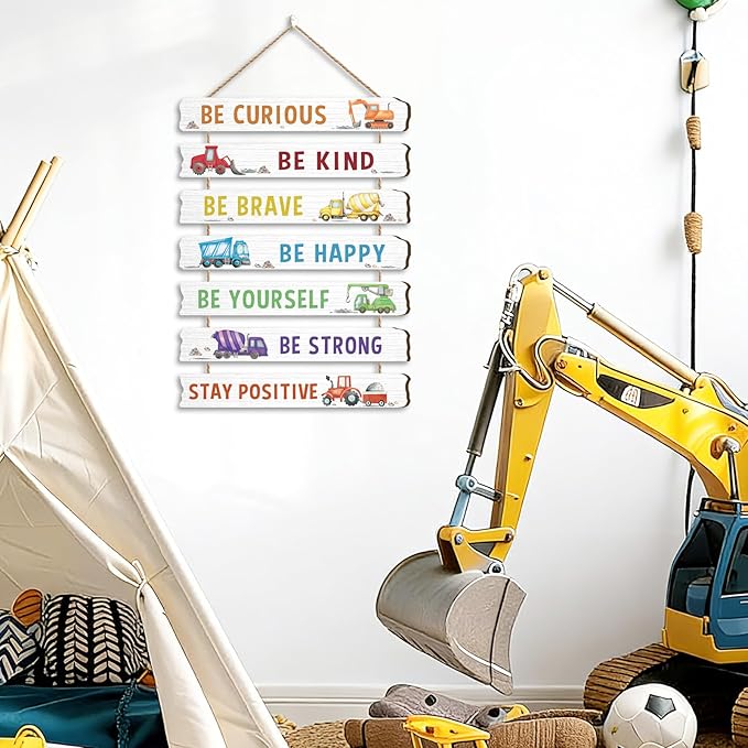 HLNIUC Construction Room Decor for Boys,Motivational Transportation Positive Quotes Hanging Plaque,Cartoon Truck Wall Art,Inspiring Classic Vehicle Hanging Sign for Kids Room Playroom Nursery Decor
