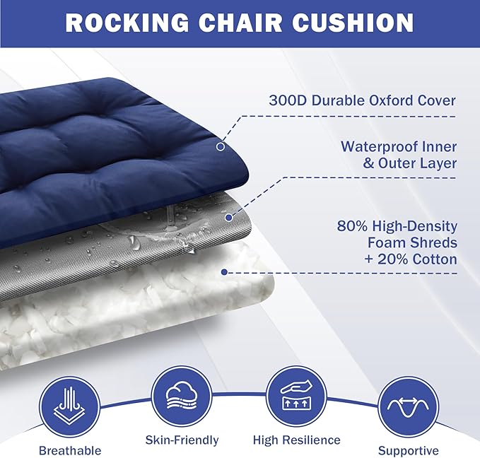 Rocking Chair Cushion, Waterproof and Fade-Resistant Patio Chair Cushions, Tufted Chair Pads for Rocker Furniture, 18x18 Inch, Indoor/Outdoor Seat Cushions with Ties, Navy Blue