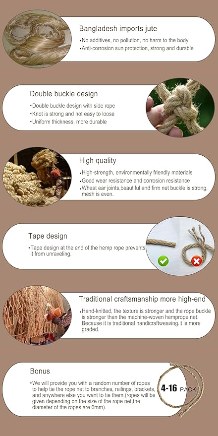 Safety Hemp Rope Net Kids Climbing Safety Netting Children Balcony Stairs Fence Railing Garden Playground Protection Heavy Duty Tree House Indoor&Outdoor Decor Rope Net 10mm/10cm 6.6x16.4ft(2x5m)