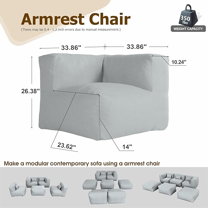 Patio Corner Chair, Outdoor Armrest Bean Bag Chair, Daybed Sofa Comfy Couch, Modular Patio Sectional Sofa, Water-Resistant Olefin Fabric, High-Density Foam Filled, Comfy Lounge Seat, Light Gray