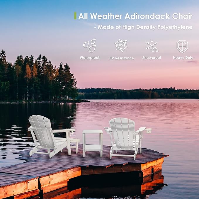 GREENVINES Adirondack-Chairs-with-Ottoman | Set of 6 | Folding | Retractable-Footrest | HDPE Plastic | All Weather Fire Pit Chair | Cup Holders | White | for Outdoor Poolside
