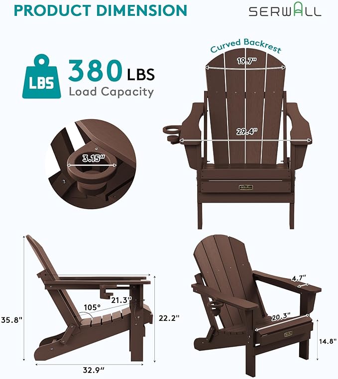 SERWALL Folding Adirondack Chair Set of 2, All Weather Adirondack Chairs with Cup Holder for Patio Garden Outdoors Fire Pit - Coffee