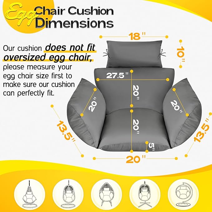 MAGIC ELEPHANT Egg Chair Cushion, Memory Foam Indoor Outdoor Hanging Egg Chair Cushion Replacement, Patio Basket Swing Cushion with Headrest (Gray)