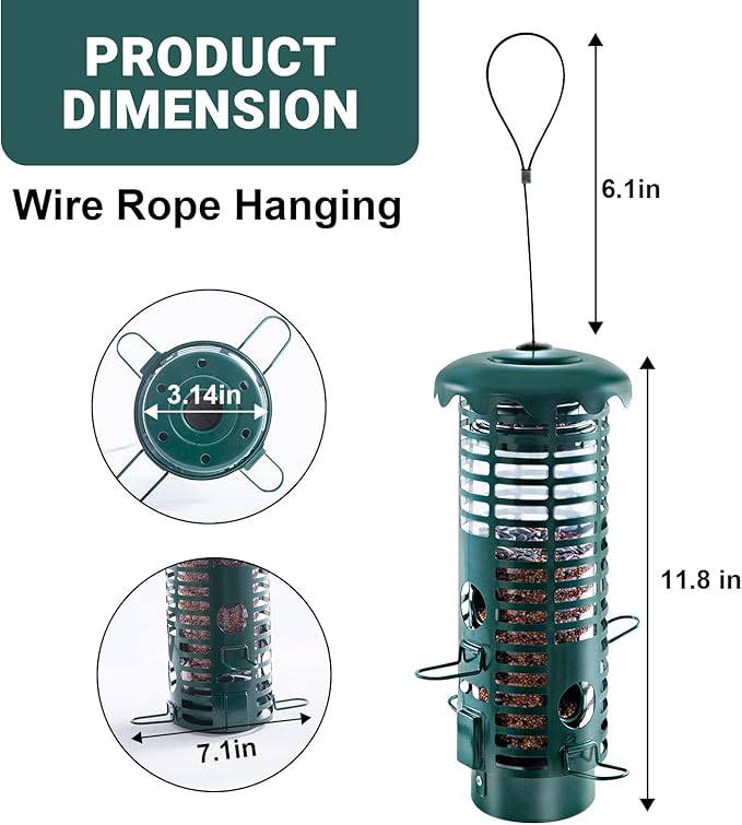 Squirrel Proof Bird Feeder Metal Mesh for Outdoors Hanging Weight Activated Perches,Weatherproof Wild Bird Feeders for Finch, Cardinal Chickadee, Blue Jay 2LB Seed Capacity(Green)