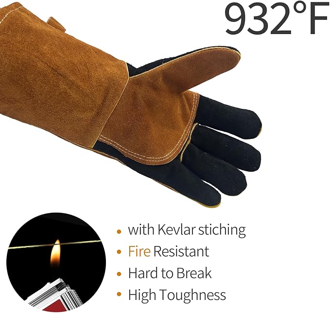 Leather MIG Welding Gloves with Reinforced Palm, Kevlar Stitching, Heat Fire Resistant for Welding/Grilling/BBQ