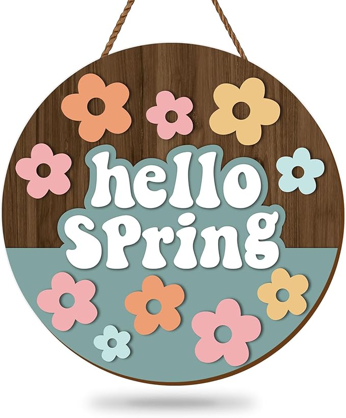 Whaline Hello Spring Wooden Hanging Sign Retro Boho Flower Wreath Sign Farmhouse Rustic Floral Door Hanger Sign for Indoor Outdoor Home Porch Window Decor