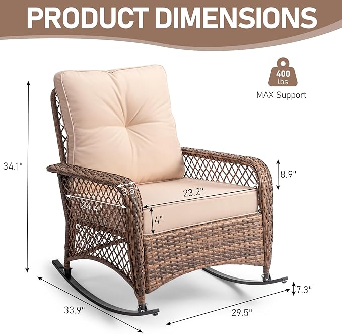 Outvita Outdoor Wicker Rocking Chair, Patio Rattan Rocker Chair w/Cushions & Steel Frame, All-Weather Rocking Lawn Wicker Furniture for Garden Backyard Porch Deck (Beige)