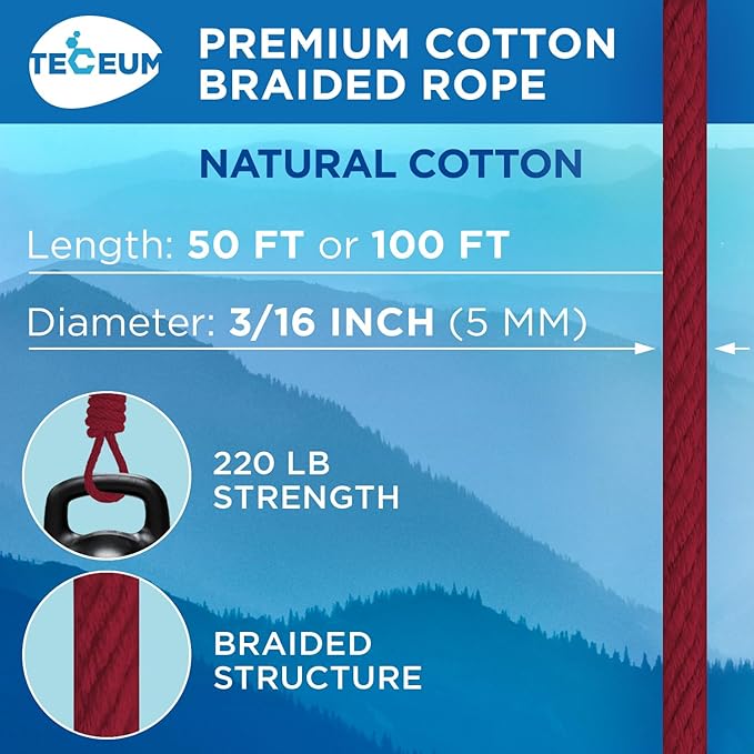 TECEUM Cotton Rope 3/16” (5 mm) – 100 FT – Strong All-Purpose Braided Rope – Natural Cotton – for Crafting, Сamping, Clothes Line, DIY, Indoor & Outdoor Use – Crimson