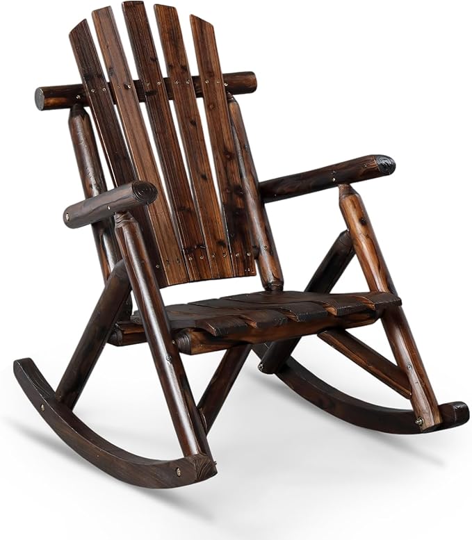 Outvita Wooden Rocking Chair, Fir Log Adirondack Rocker, Outdoor Wood Accent Furniture Lounge Chairs for Garden Patio Backyard Porch (Dark Brown)
