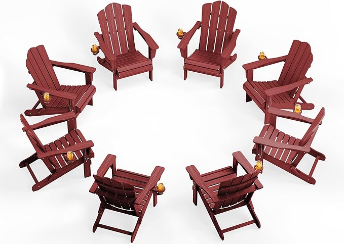 KINGYES Folding Adirondack Chair Set of 8, HDPE All-Weather Patio Chairs with Cup Holder, Wooden Textured Fire Pit Chairs for Poolside, Backyard, Deck, Red