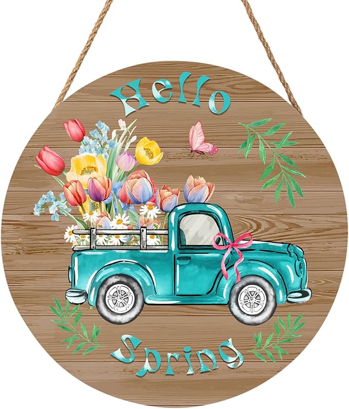 Hello Spring Blue Truck Door Sign For Front Door Decor,Colorful Tulip Flowers Butterfly Green Leaves Wooden Sign 12"x 12" Round Spring Hanging Door Sign Decoration for Wall Rustic Decor