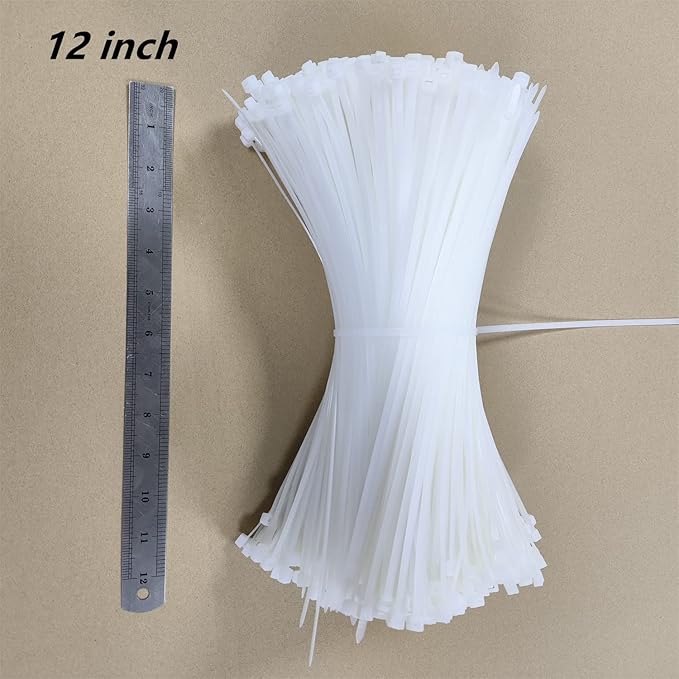 Zip Ties 1000 pcs 12 inch Cable Zip Ties Heavy Duty, Premium Plastic Wire Ties with 50 LBS Tensile Strength, UV Resistant Cable Ties, Self-Locking White Nylon Tie Straps (12 inch 1000 pcs, White)