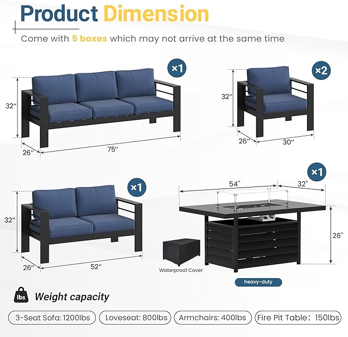 Wisteria Lane Aluminum Patio Furniture Set, 7 Seats Metal Outdoor Furniture Set with CSA Certified 54in Propane Gas Fire Pit Table, Patio Conversation Set with 5in Olefin Cover Cushions (Blue)