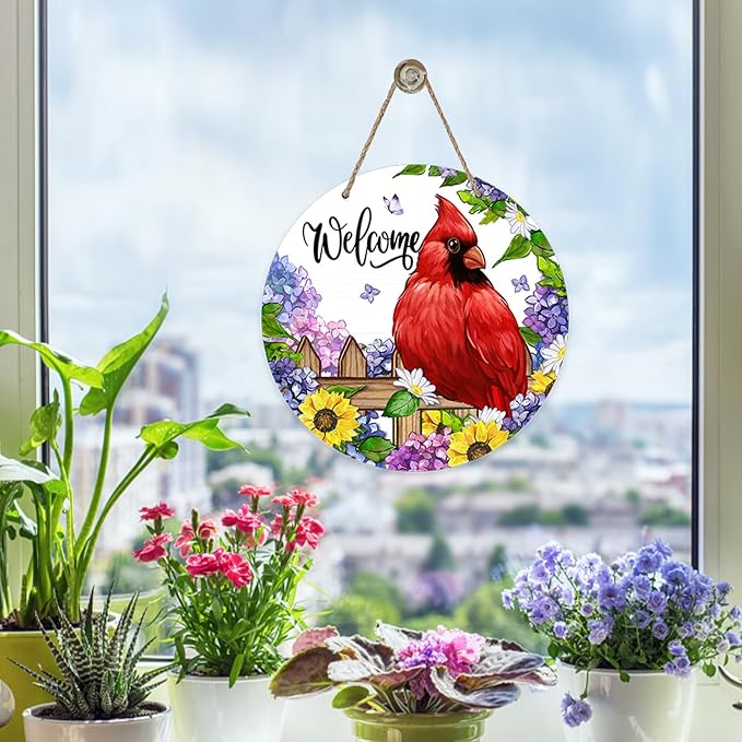 Welcome Spring Summer Cardinal Front Door Sign, Red Bird Hydrangea Sunflower Wood Door Hanger Outdoor Outside Porch Decor, Daisy Flower Seasonal Wooden Wreath Indoor Wall Hanging Decoration