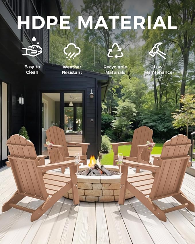Folding Adirondack Chair, HDPE Adirondack Chair with 2 Cup Holders, Outdoor Fire Pit Chairs for Patio, Garden, Poolside, Teak