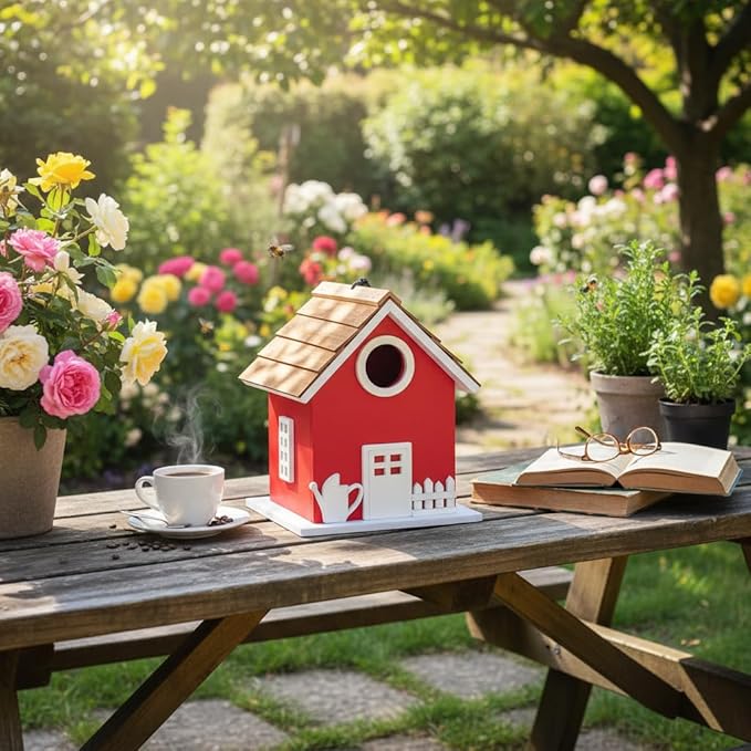 Vinyl Water Proof Bird House for Outside, Shingle Roof Bluebird House Nesting Box, Squirrel Proof Hanging Birdhouse, 5 Years Weatherable for Outdoor Decoration,Bird Box for Pole (Red)