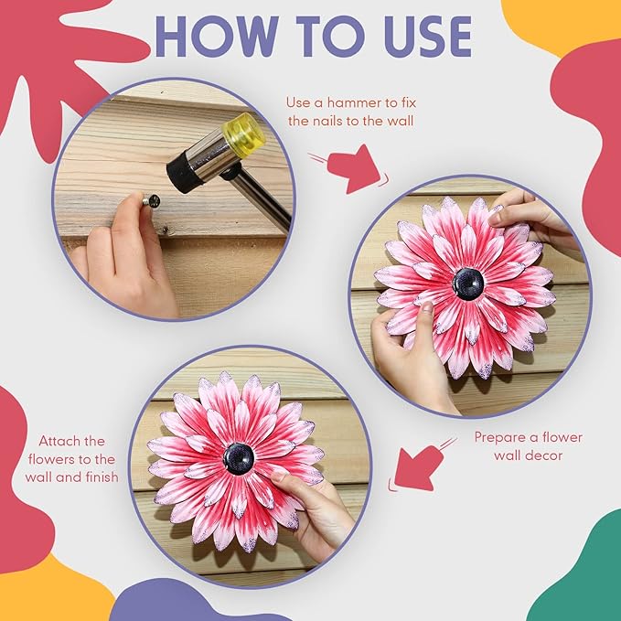 Zhehao 6 Pcs Metal Flower Wall Art Decor 8 Inch Sunflower Wall Decorations Hanging Outdoor Art Multicolored Handmade Metal Flowers Outdoor Decor(Cute Color)