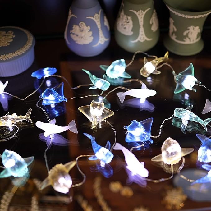 Nautical Solar Lights for Outside Sea Fish Outdoor Garden Decor Marine Fairy Garden Light Waterproof Whale Shark Mola Manta Ocean Solar Outdoor Decorative String Lights 14ft 40LED Patio Yard Decor