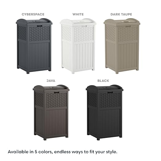 Suncast 33 Gallon Commercial Outdoor Trashcan Hideaway with Lid for 30 to 33 Gallon Trash Bags for Garage, Backyard, or Garden, Brown