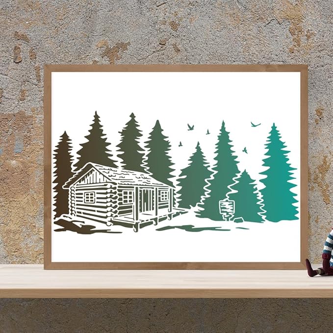 MAYJOYDIY 2pcs Forest Cabin Tree Stencil 22×11inch Splicing Style Forest Pine Cabin Stencil Nature Forest Landscape 11.8×11.8inch Drawing Template with Paint Brush for Art Crafts Canvas Furniture