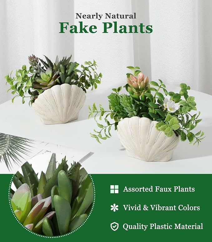 Lewondr Fake Plants Set of 2, Assorted Faux Succulents Artificial Plants with Sea Shell Pots, Artificial Greenery in Coastal Beach Decor, Ocean Seashell Series for Home Bedroom Beach Theme Party