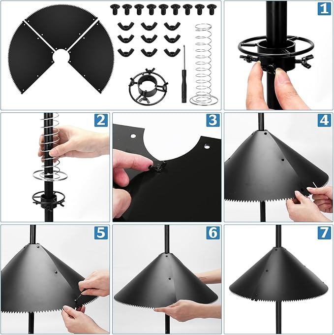 Squirrel Baffle for Bird Feeder Pole, Squirrel Guard with Mounting Bracket, Spring-Supported and Spiked Edge, for 1x1 Post, 19-Inch, Black
