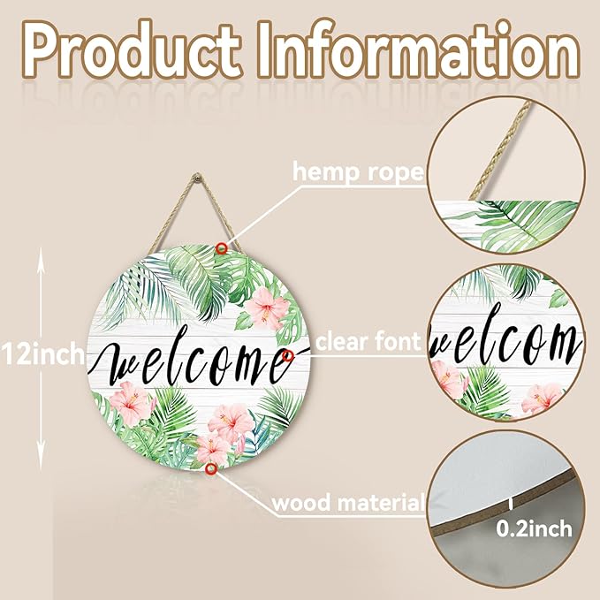 Summer Tropical Welcome Palm Leaf Sign for Front Door Wooden Green Palm Leaves Flower Door Signs Summer Floral Round Door Hanger for Wall Home Office Decorations