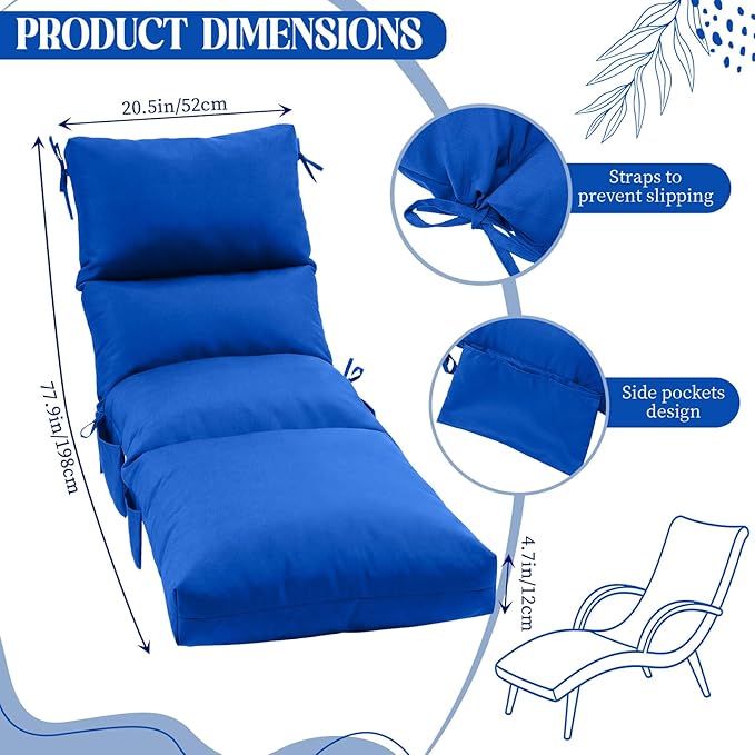 Kigley 2 Pcs Chaise Lounge Cushions, 77.9 x 20.5 x 4.7 Inch Outdoor Lounge Chair Cushions with Pocket, Thick Tufted Patio Recliner Replacement with Ties, Fade Resistant for Pool Furniture (Blue)