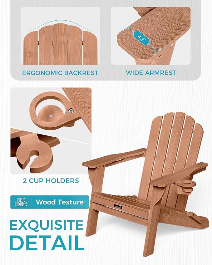 Folding Adirondack Chair, HDPE Adirondack Chair with 2 Cup Holders, Outdoor Fire Pit Chairs for Patio, Garden, Poolside, Teak