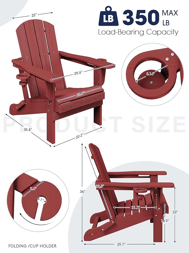 KINGYES Folding Adirondack Chair Set of 4, Dual Cup Holders & All-Weather HDPE, Wood-Like Patio Chair for Backyard, Camping, Pool & Fire Pit, Dark Red